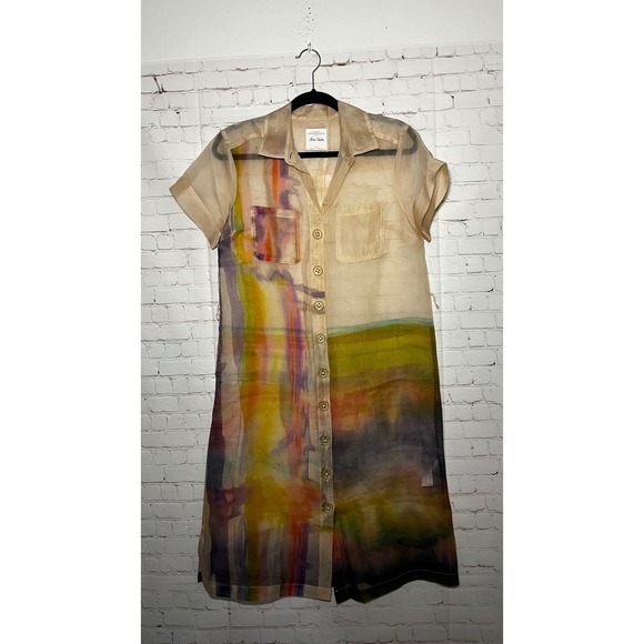 Anthropologie Aimee Clarke Silk Watercolor Sheer Button Up Shirtdress Midi Sz S - Picture 3 of 10